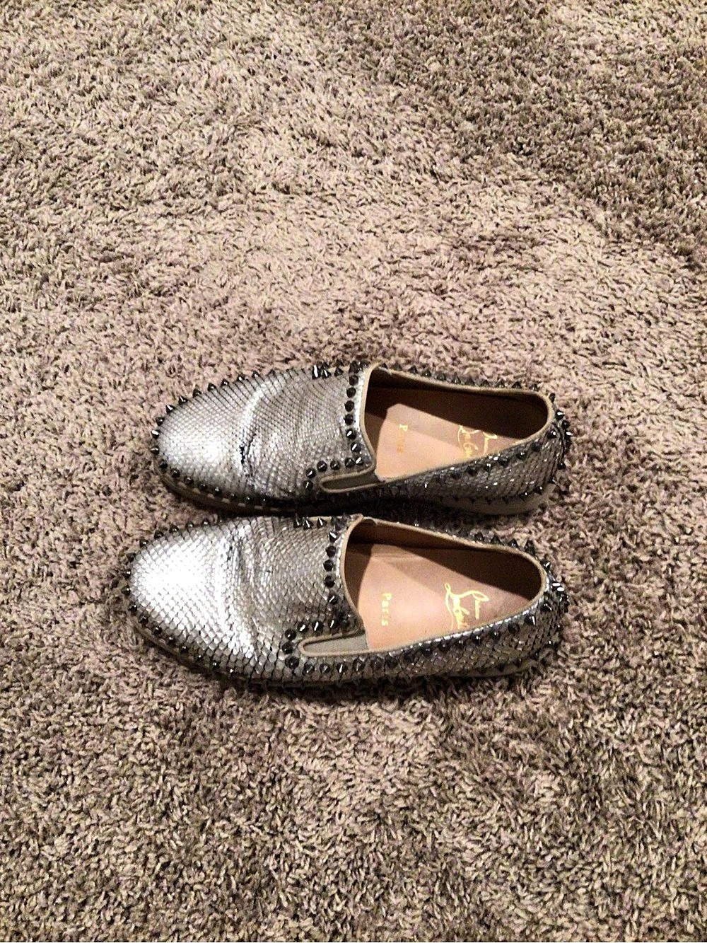 Christian Louboutin Roller Boat Spikes Python Flat Silver Flats